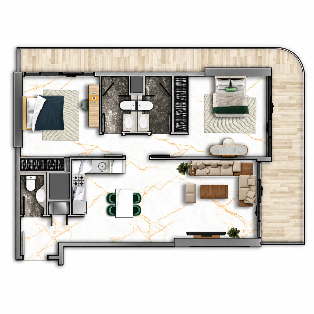 2 bedroom apartments floor plan at 77S Tower