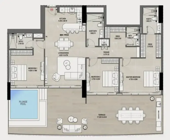 3 bedroom Apartments floor plan at Rabdan Gates