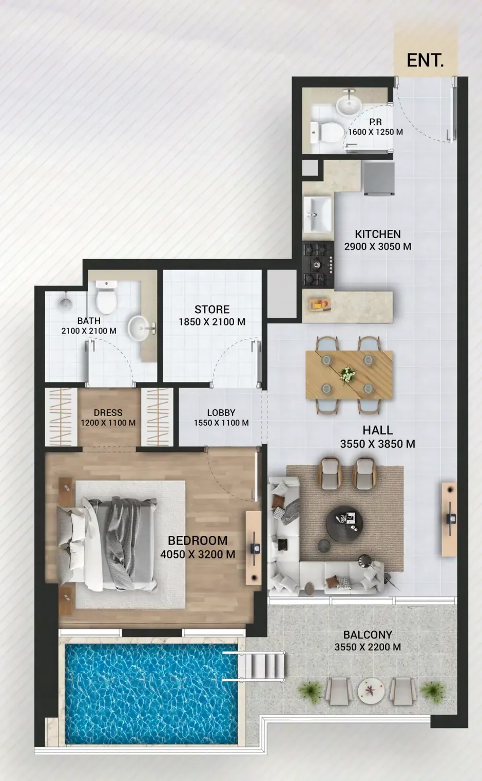 1 bedroom Apartments floor plan at Empire Lake Views