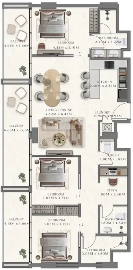 3 bedroom Apartments floor plan at The Collection at Taiyo