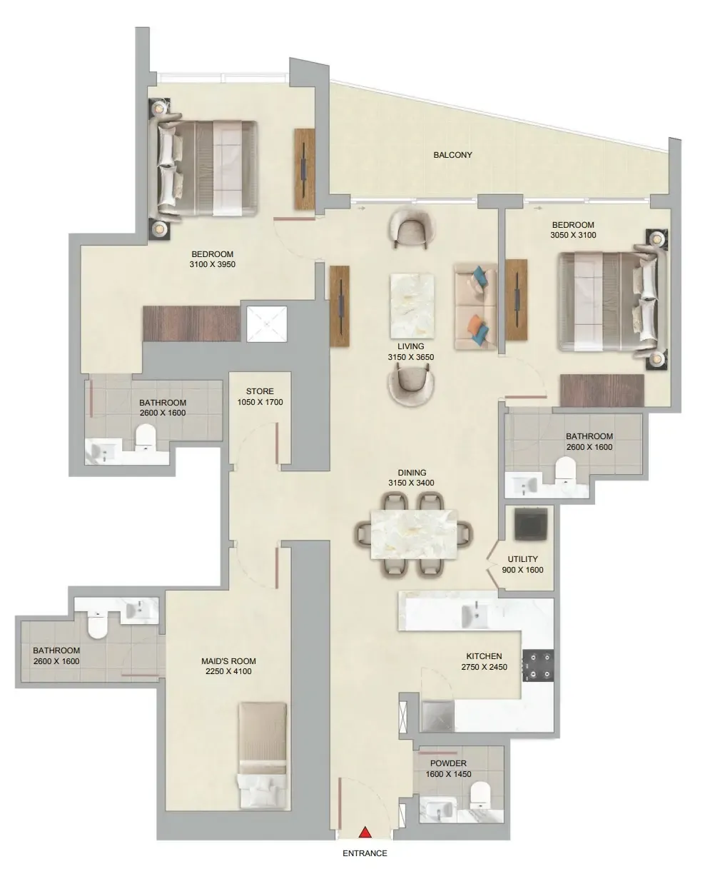 2 bedroom Apartments floor plan at The Serene at Sobha Central