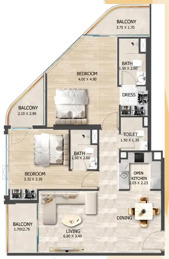 2 bedroom Apartments floor plan at Crystal Tower by VHS