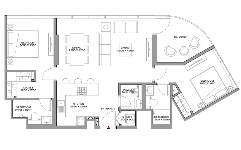2 bedroom Apartments floor plan at Beach Residences at Siniya Island