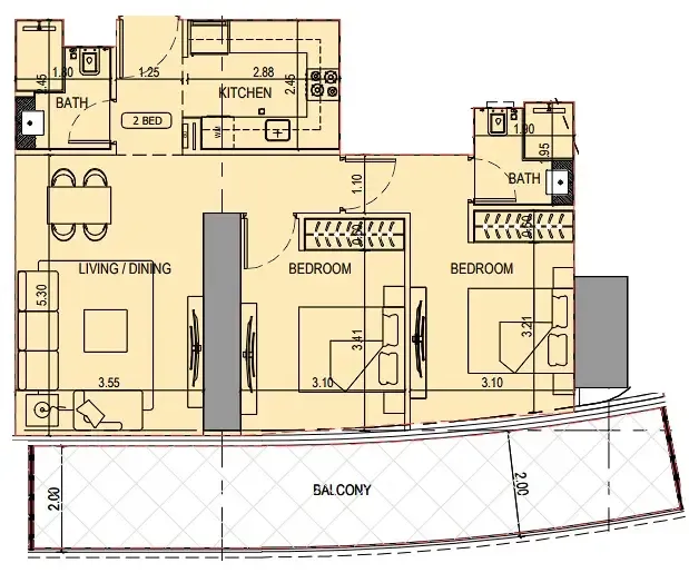 2 bedroom Apartments floor plan at Binghatti Sky Terraces