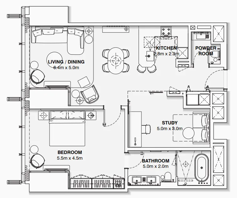 1.5 bedroom Apartments floor plan at Burj Azizi