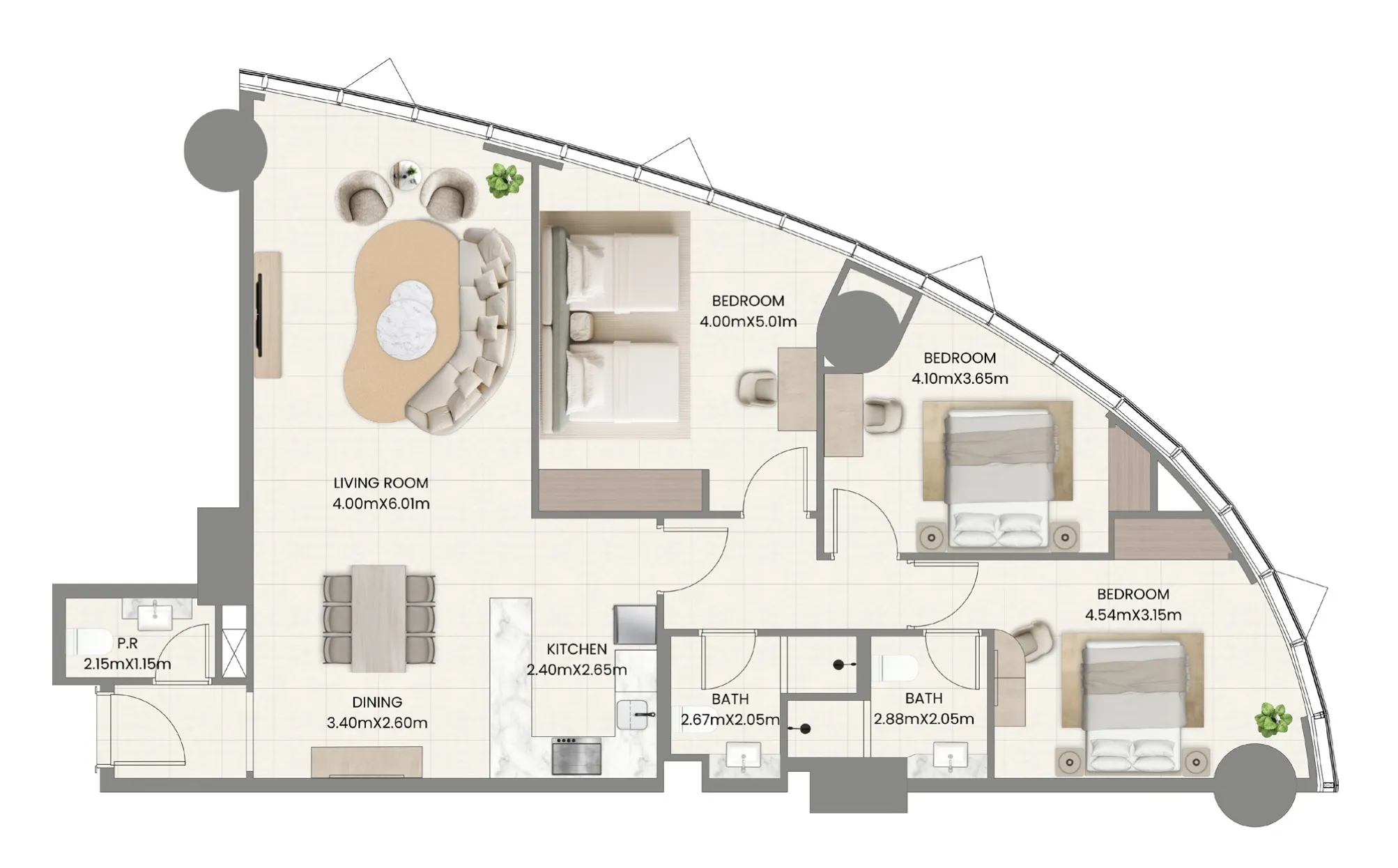3 bedroom Apartments floor plan at Leaf Tower
