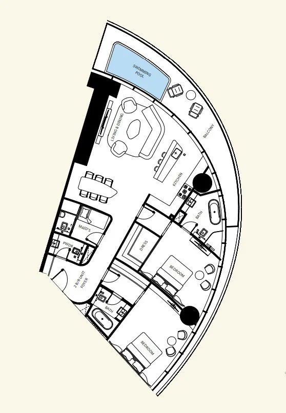 2 bedroom Apartments floor plan at Mercedes-Benz Places by Binghatti