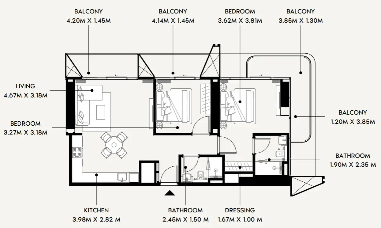 2 bedroom Apartments floor plan at Azizi Wares