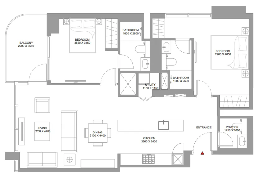 2 bedroom Apartments floor plan at Pristine Beach Residences