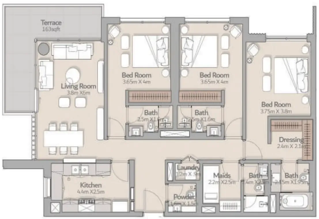 3 bedroom Apartments floor plan at South Square Tower S1