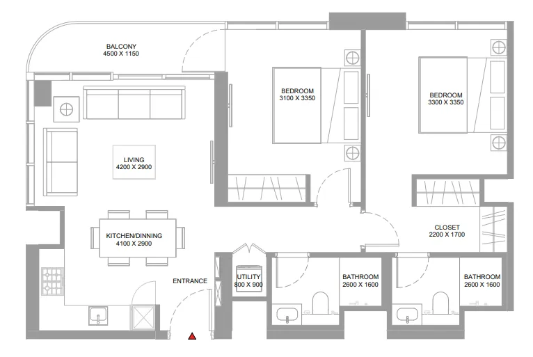2 bedroom Apartments floor plan at Pristine Beach Residences