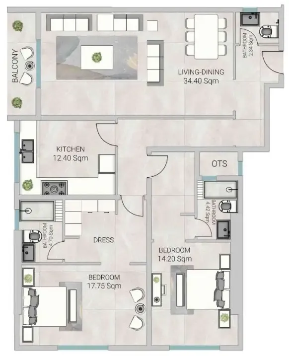 2 bedroom Apartments floor plan at Al Ameera Village 5