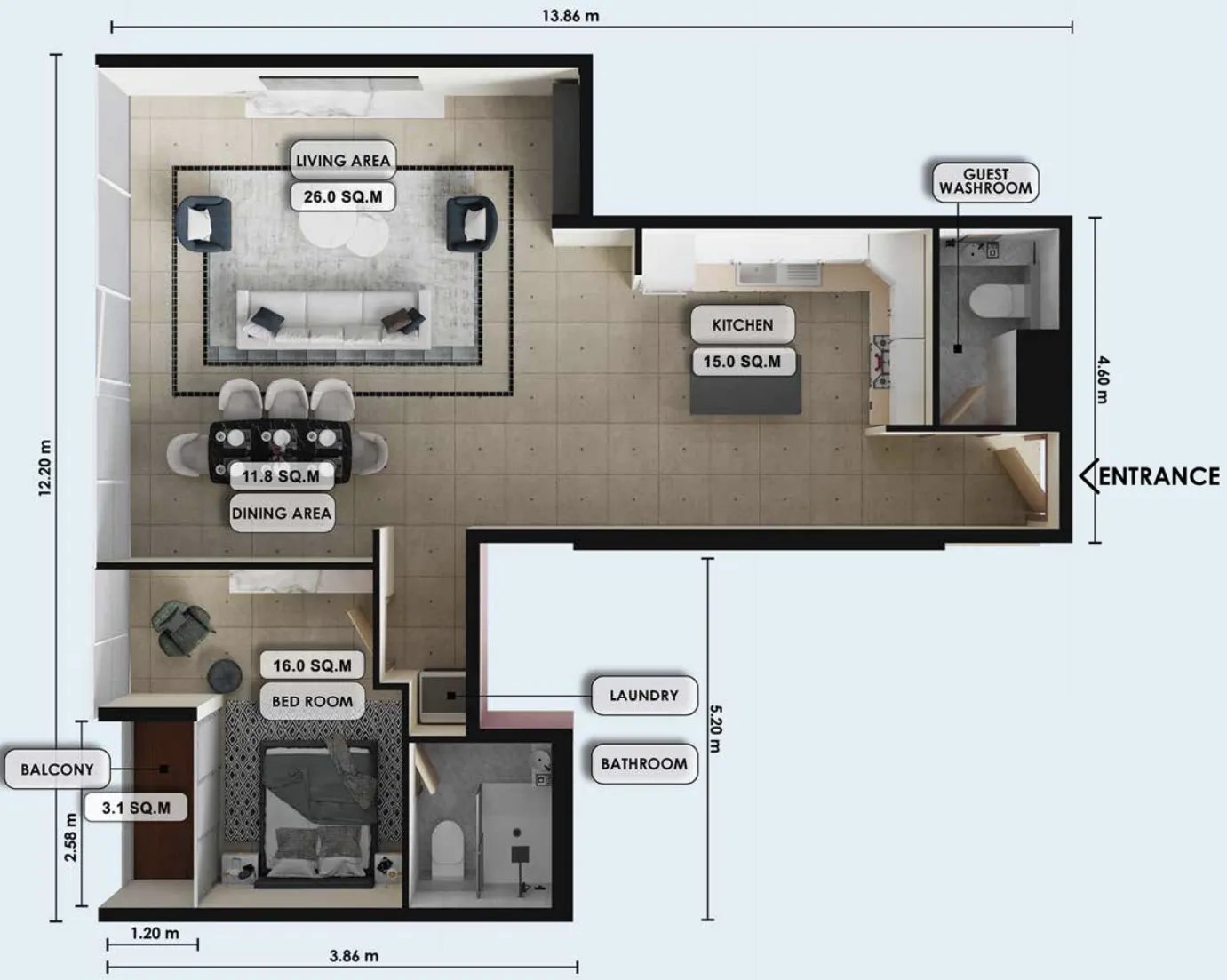 1 bedroom Apartments floor plan at Zenith J1