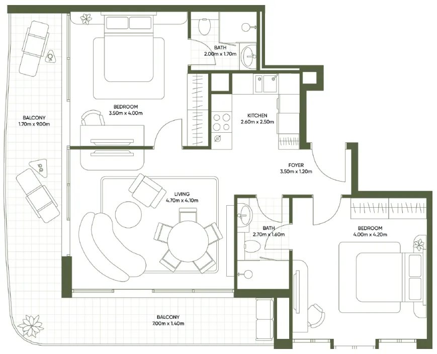 2 bedroom Apartments floor plan at Olivia Gardens