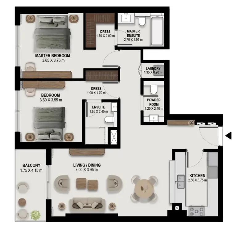 2 bedroom Apartments floor plan at Boulevard Park at Wasl Gate