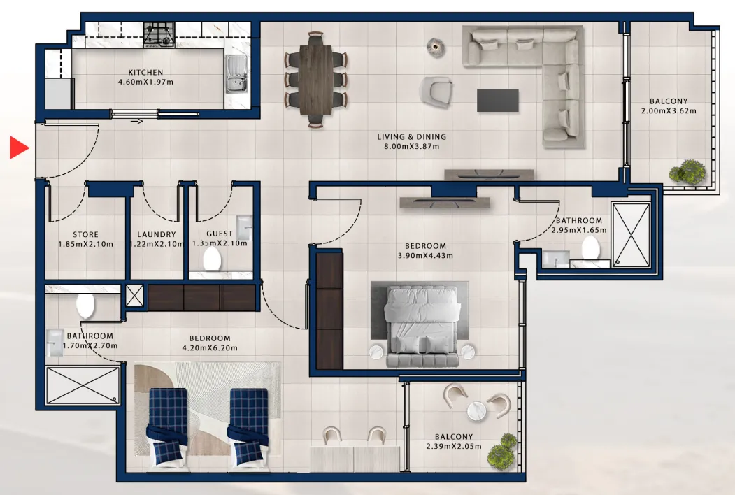 2 bedroom Apartments floor plan at Asayel Avenue
