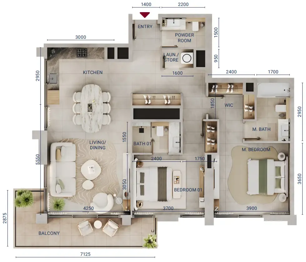 2 bedroom Apartments floor plan at Mirdad