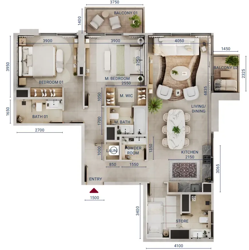 2 bedroom Apartments floor plan at Mirdad