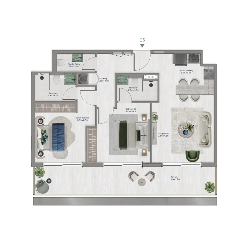 2 bedroom apartments floor plan at Oceara Park View Residences Phase 1