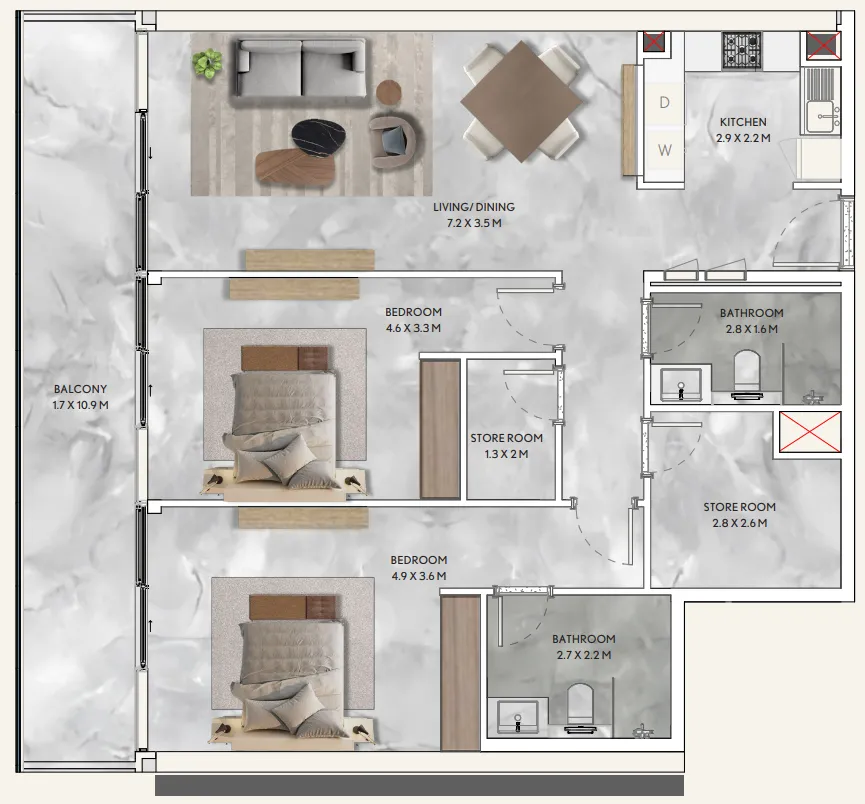 2 bedroom Apartments floor plan at California Residences