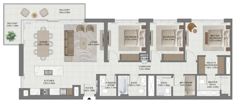 3 bedroom Apartments floor plan at Golf Hills 2