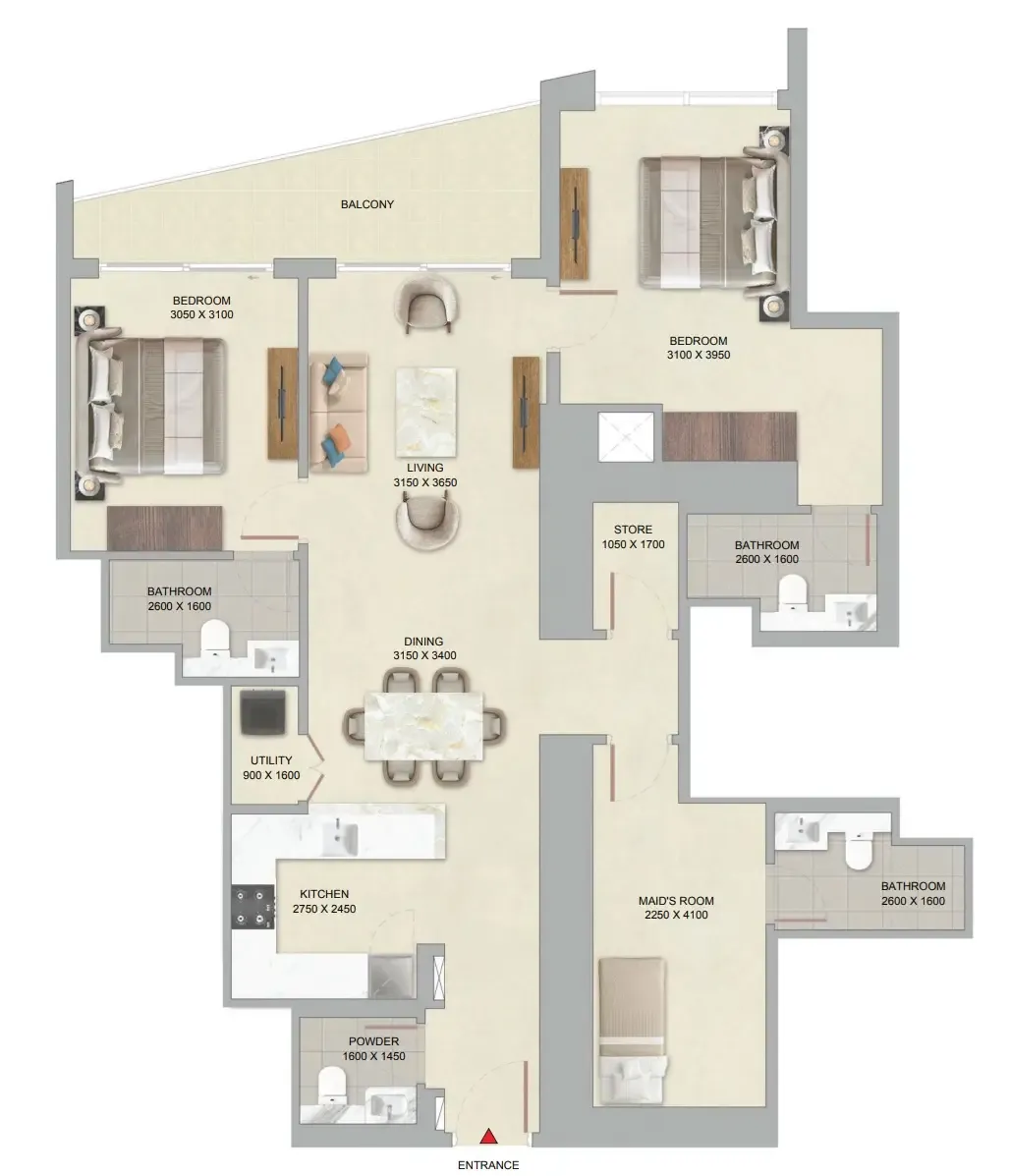 2 bedroom Apartments floor plan at The Serene at Sobha Central