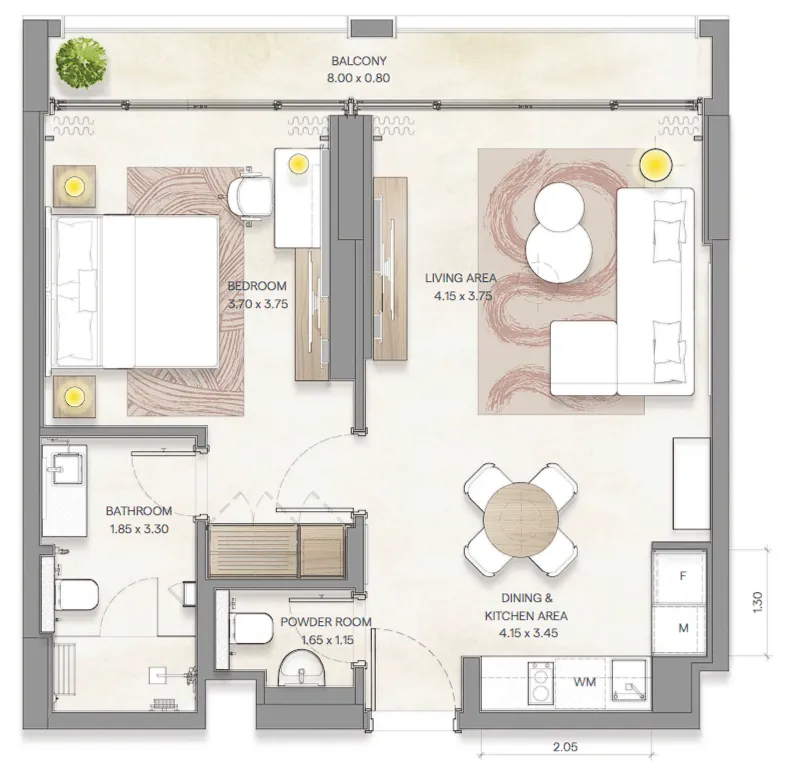 1 bedroom Apartments floor plan at Bloom Arjaan by Rotana