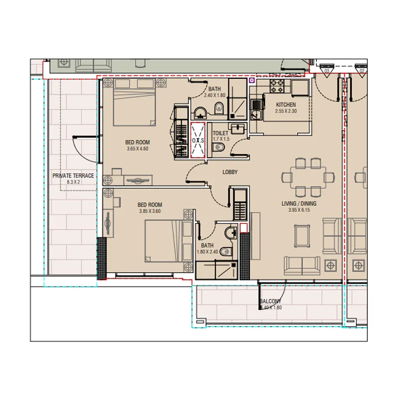 2 bedroom Apartments floor plan at Al Waleed W.S 1