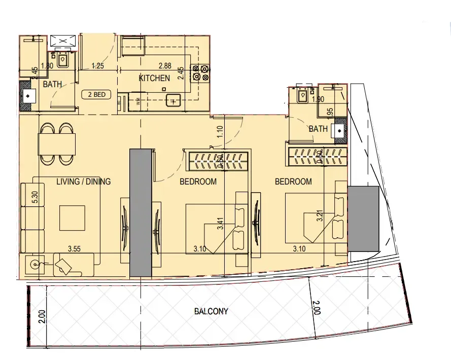2 bedroom Apartments floor plan at Binghatti Sky Terraces