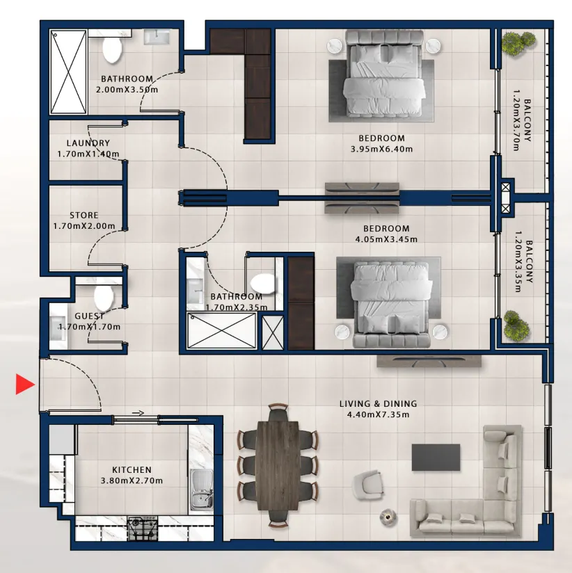 2 bedroom Apartments floor plan at Asayel Avenue