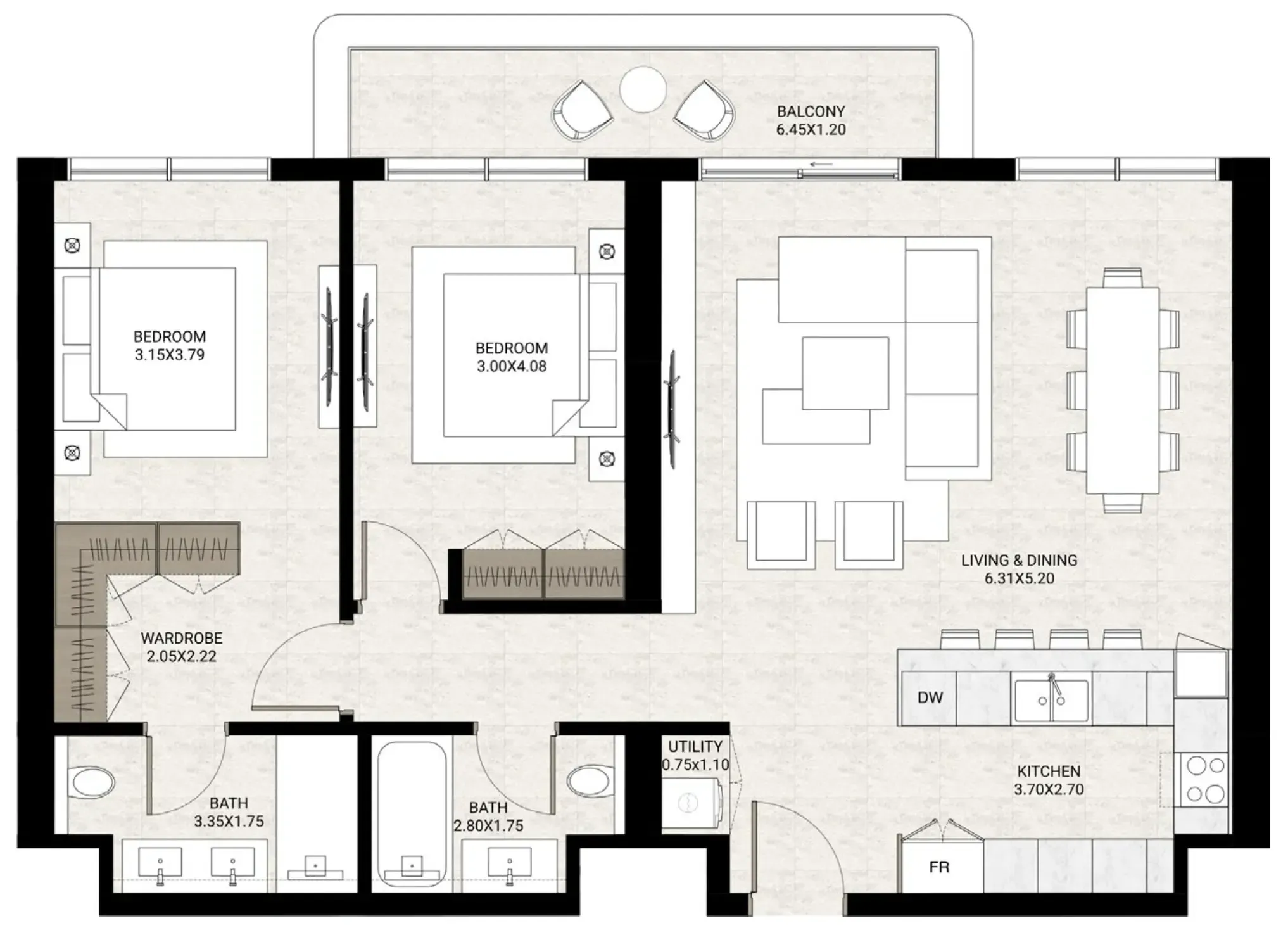 2 bedroom Apartments floor plan at The Strand Lunara
