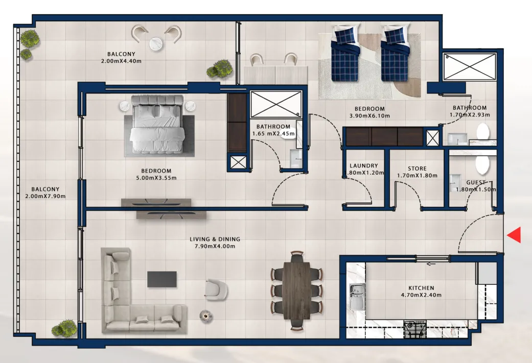 2 bedroom Apartments floor plan at Asayel Avenue