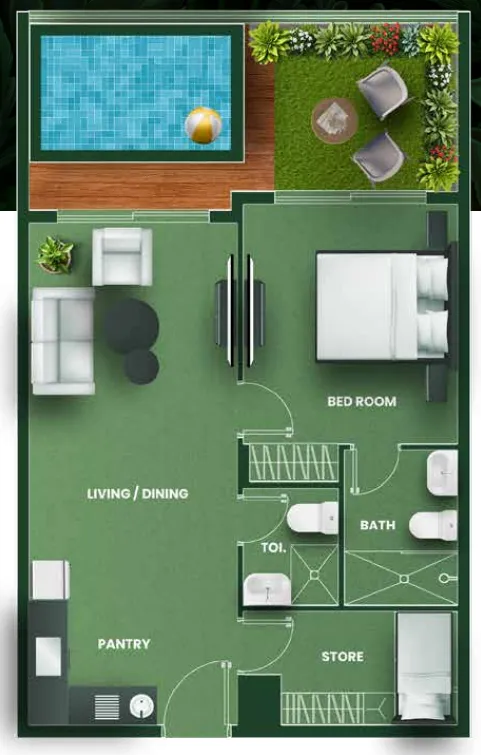 1.5 bedroom Apartments floor plan at Vincitore Aqua Flora