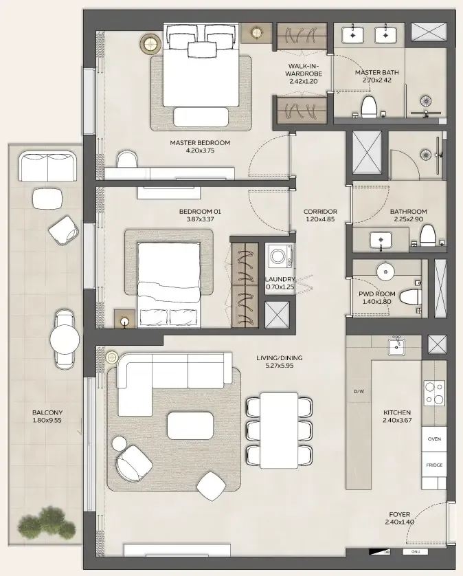 2 bedroom Apartments floor plan at Expo Valley Views - Ghadeer