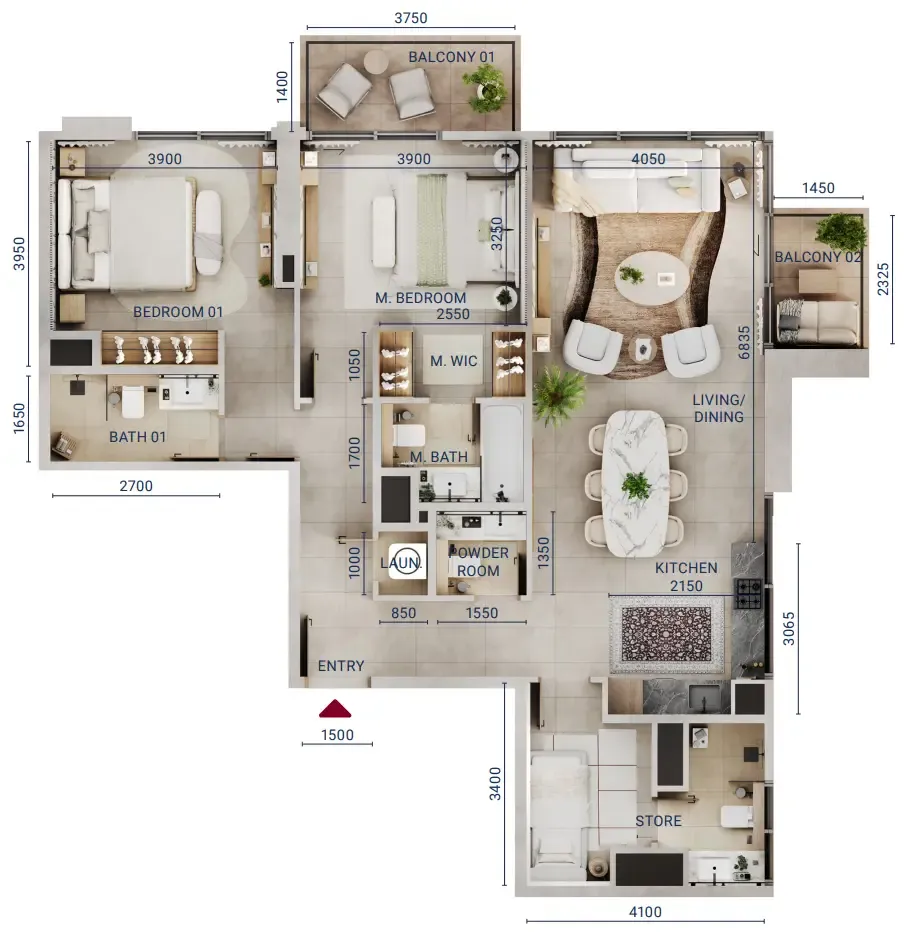 2 bedroom Apartments floor plan at Mirdad