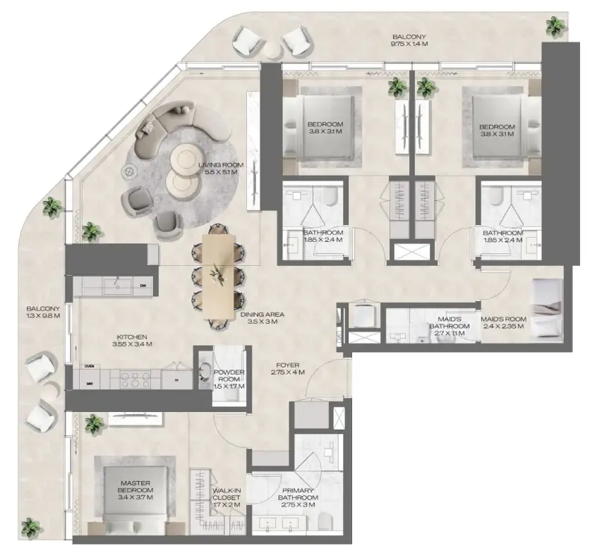 3 bedroom Apartments floor plan at DWTN Residences