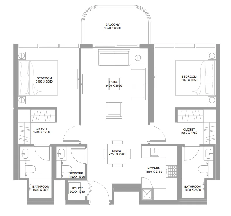 2 bedroom Apartments floor plan at Pierside Marina Residences
