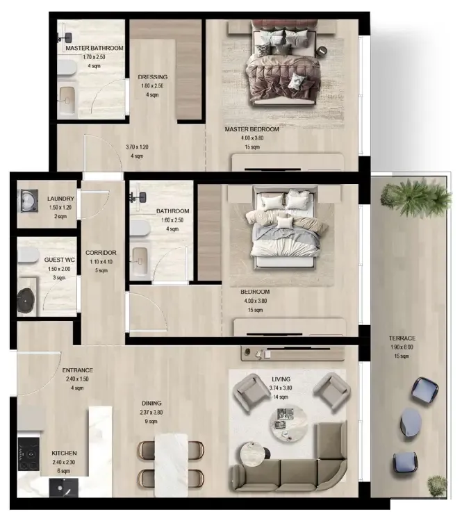 2 bedroom Apartments floor plan at Manchester City Yas Residences by Ohana