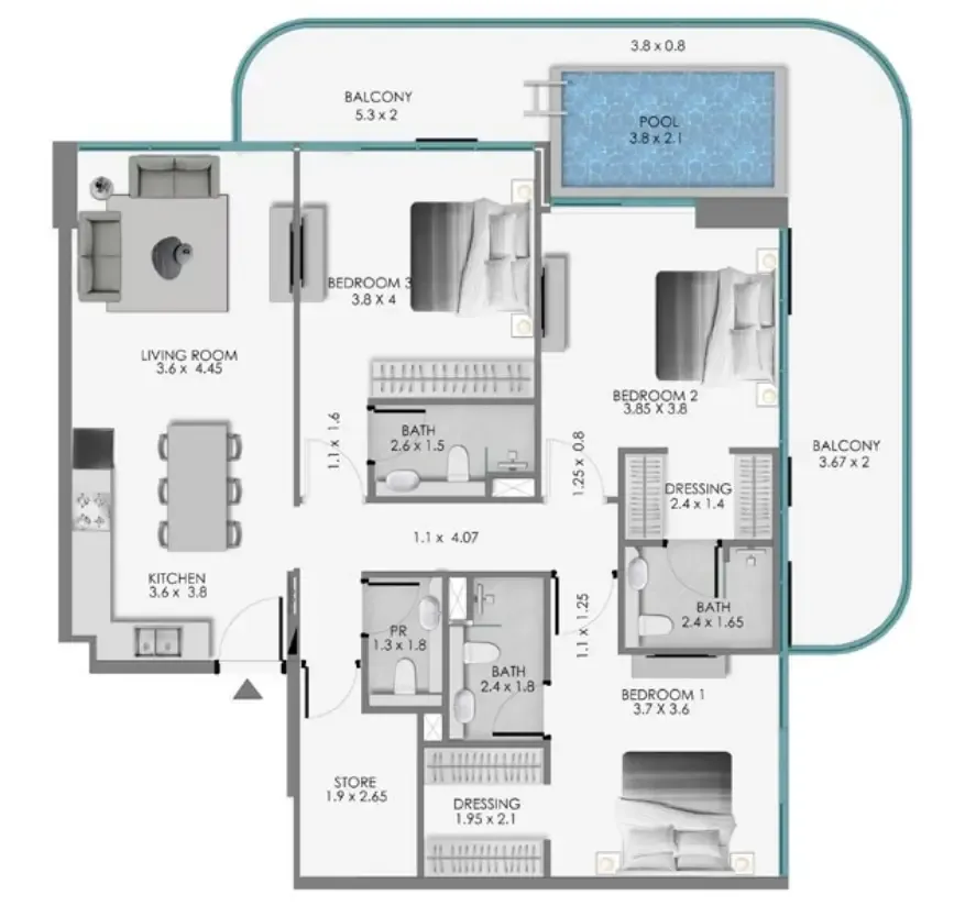 3 bedroom Apartments floor plan at Samana Ocean Bay