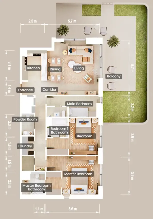 2.5 bedroom Apartments floor plan at The Beach House Fahid