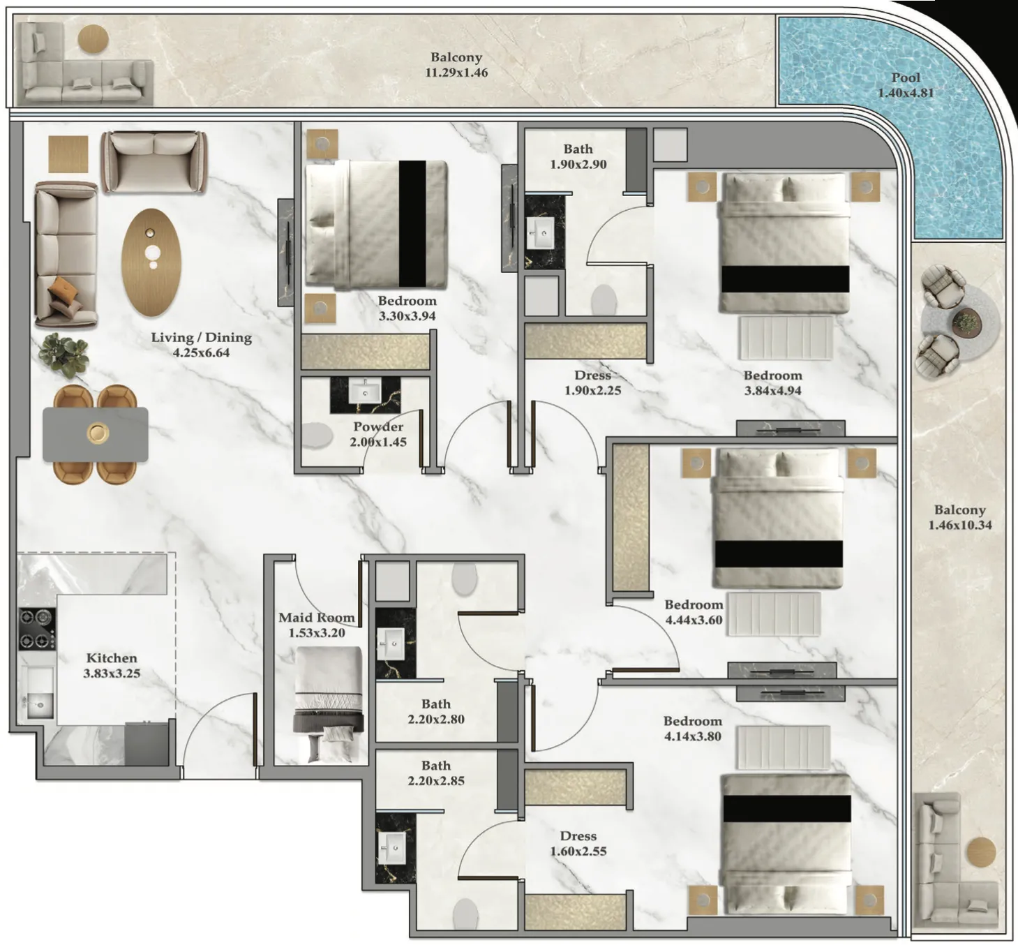 4 bedroom Apartments floor plan at Bayz 102