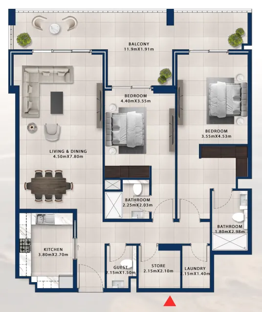 2 bedroom Apartments floor plan at Asayel Avenue