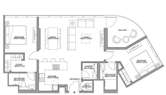 2 bedroom Apartments floor plan at Beach Residences at Siniya Island