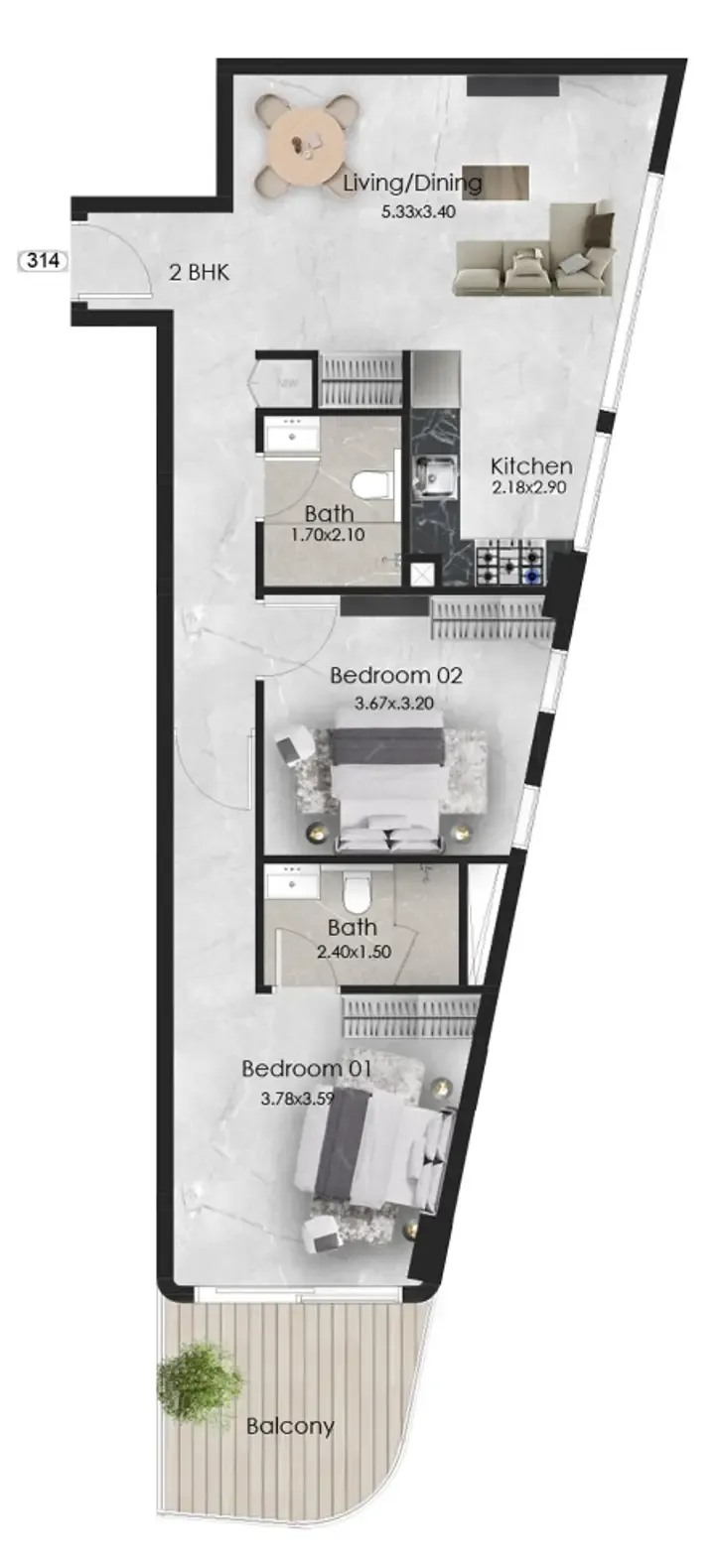 2 bedroom Apartments floor plan at Aristo