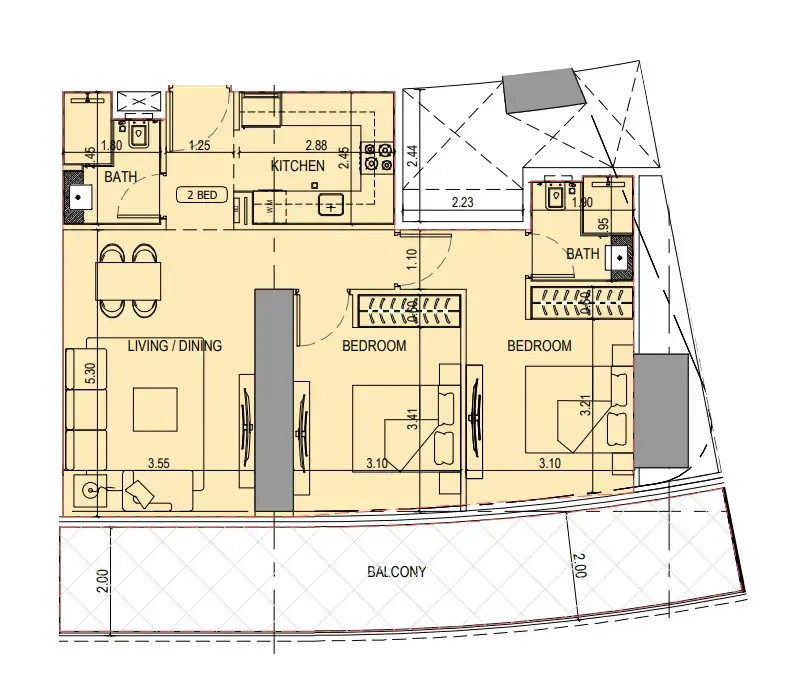 2 bedroom Apartments floor plan at Binghatti Sky Terraces