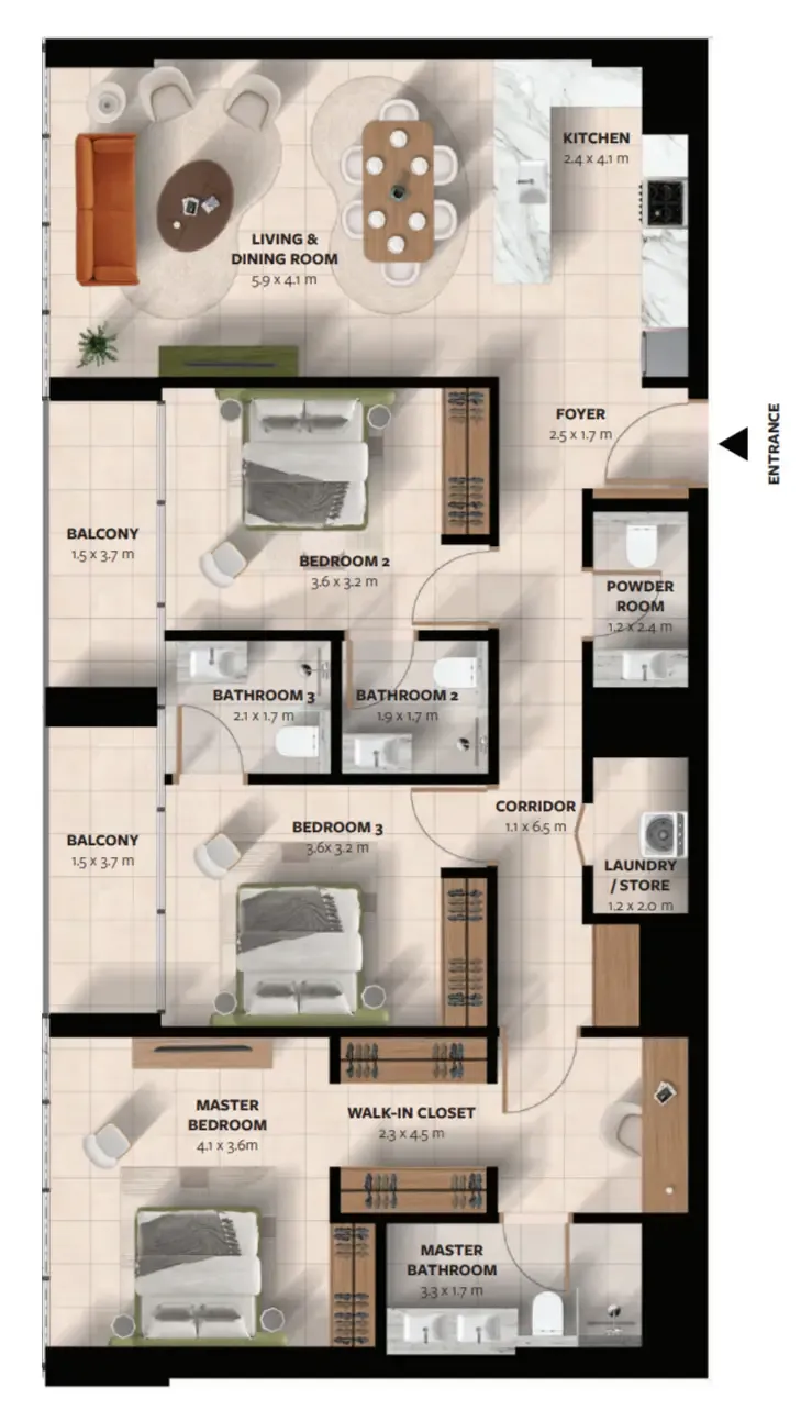3 bedroom Apartments floor plan at Waada Dubai South