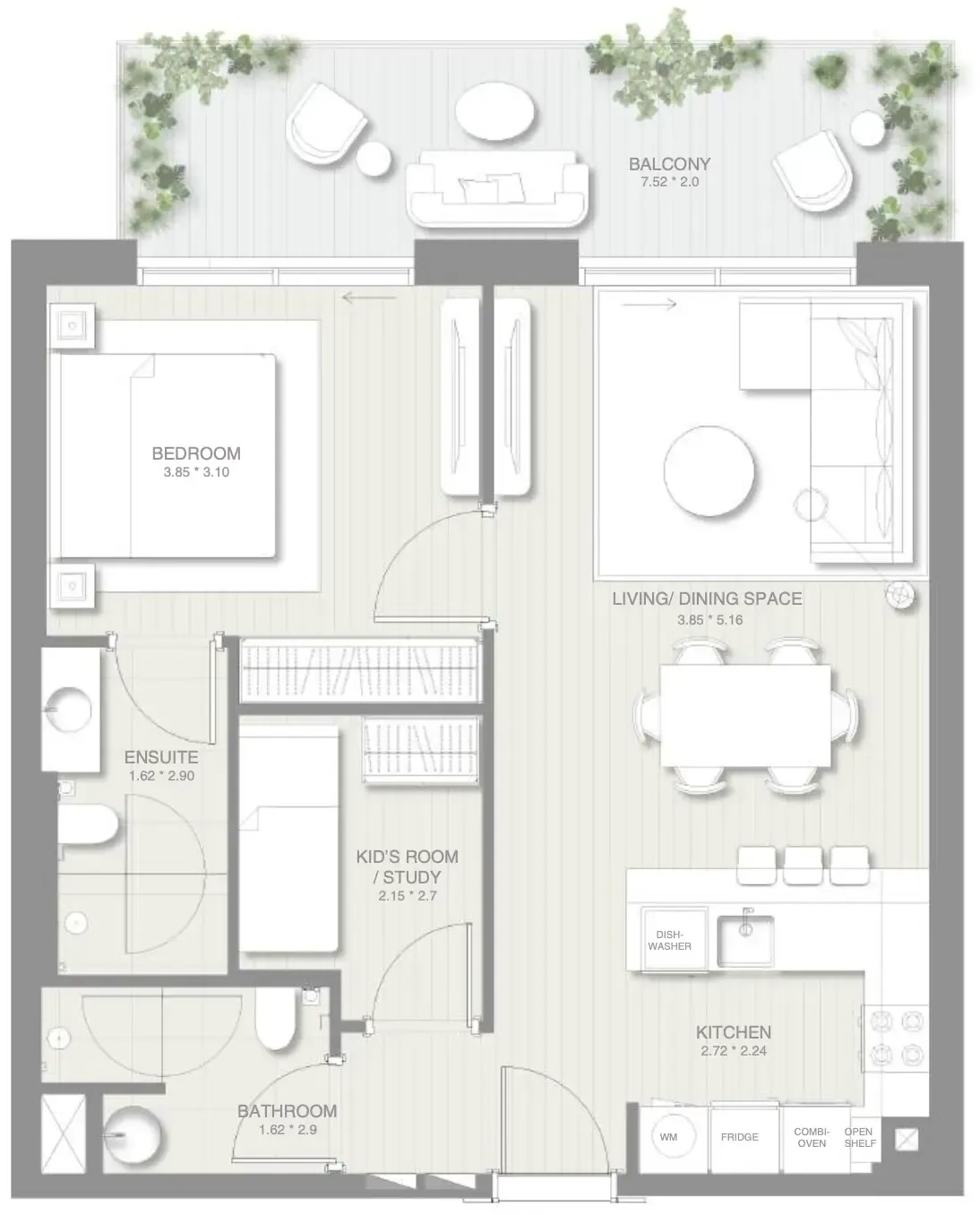 1.5 bedroom Apartments floor plan at Sol Levante