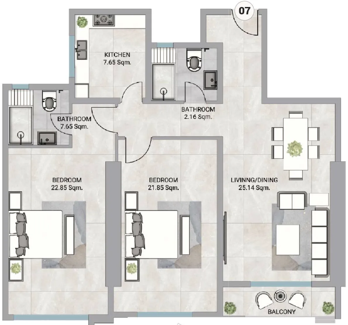 2 bedroom Apartments floor plan at Barajeel Towers