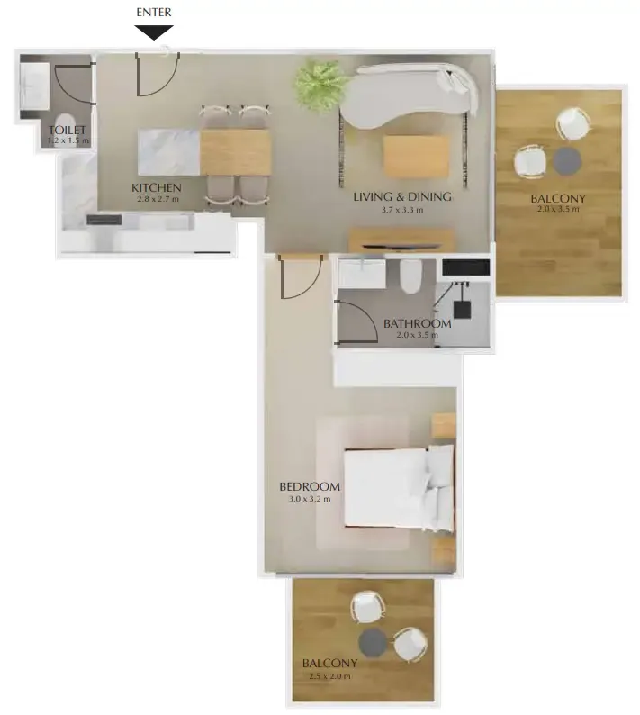 1 bedroom Apartments floor plan at Treppan Tower