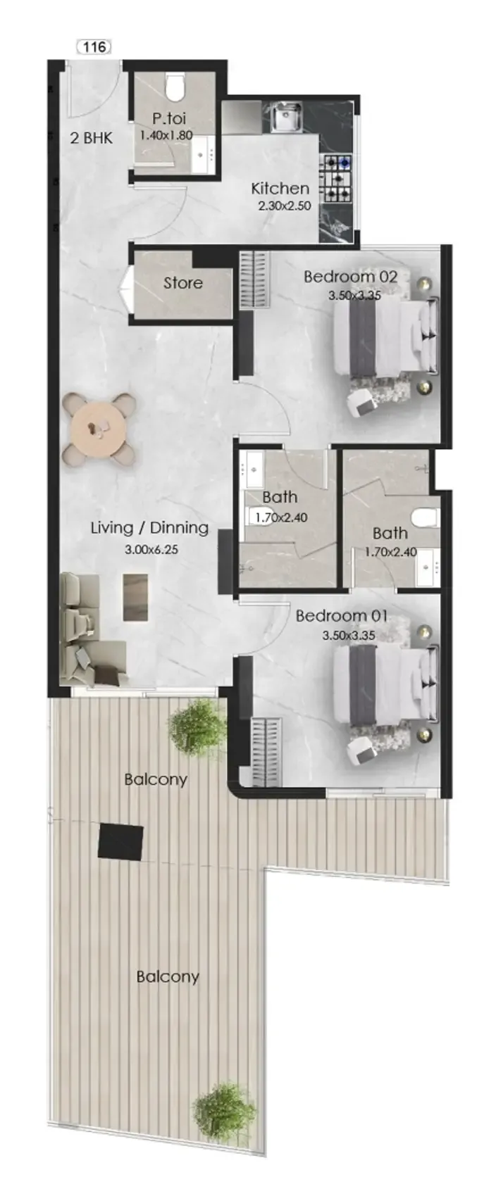 2 bedroom Apartments floor plan at Aristo